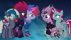 Size: 1192x670 | Tagged: safe, artist:awoomarblesoda, artist:doodleponyxx, derpibooru import, tempest shadow, oc, oc:cyclone (ice1517), oc:elizabat stormfeather, oc:sergeant powershift, oc:ultraviolet ray, alicorn, bat pony, bat pony alicorn, pegasus, pony, unicorn, icey-verse, alicorn oc, armor, base used, bat pony oc, bat wings, broken horn, brother and sister, canon x oc, clothes, deviantart watermark, ear piercing, earring, eye scar, family, female, fingerless gloves, glasses, gloves, hoodie, hoof shoes, horn, jewelry, lesbian, lip piercing, magical lesbian spawn, male, mare, mother and child, mother and daughter, mother and son, multicolored hair, obtrusive watermark, offspring, parent:oc:elizabat stormfeather, parent:tempest shadow, parents:canon x oc, parents:stormshadow, piercing, scar, shipping, shirt, siblings, sisters, sitting, stallion, stormshadow, wall of tags, watermark, wings, wristband