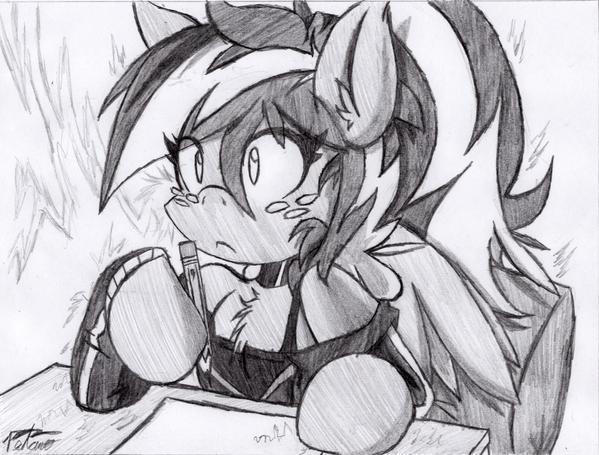 Size: 599x455 | Tagged: anthro, arm hooves, artist:petanoprime, chest fluff, clothes, derpibooru import, female, freckles, grayscale, monochrome, oc, oc:electric sketch, pegasus, pegasus oc, pencil, safe, signature, solo, traditional art, unofficial characters only, wide eyes, wings