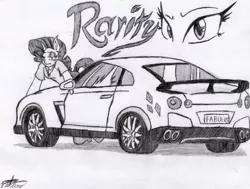 Size: 599x454 | Tagged: safe, artist:petanoprime, derpibooru import, rarity, anthro, unicorn, car, clothes, eye, female, grayscale, jewelry, monochrome, necklace, nissan, nissan gt-r, pearl necklace, signature, solo, text, traditional art