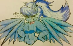 Size: 599x383 | Tagged: anthro, artist:petanoprime, chest fluff, cleavage fluff, collar, derpibooru import, ear fluff, female, grin, oc, oc:electric sketch, pegasus, pegasus oc, safe, signature, smiling, solo, spread wings, traditional art, unofficial characters only, wings