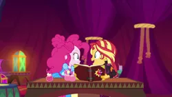 Size: 1920x1080 | Tagged: safe, derpibooru import, screencap, pinkie pie, sunset shimmer, equestria girls, equestria girls series, sunset's backstage pass!, spoiler:eqg series (season 2), book, music festival outfit