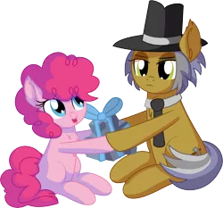 Size: 7443x6944 | Tagged: safe, artist:cyanlightning, derpibooru import, igneous rock pie, pinkie pie, earth pony, pony, .svg available, absurd resolution, blank flank, duo, ear fluff, eyes closed, father and child, father and daughter, female, filly, filly pinkie pie, hat, holding, holding a present, holding a rock, lidded eyes, male, present, rock, simple background, sitting, smiling, stallion, transparent background, upsies, vector, younger