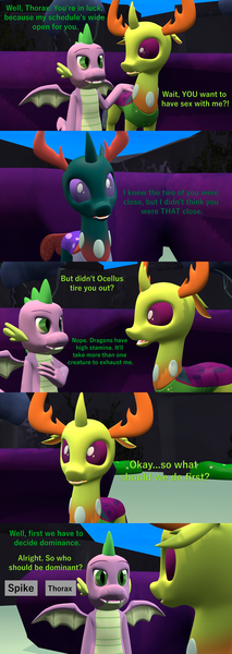 Size: 1920x5400 | Tagged: 3d, artist:papadragon69, bedroom eyes, changedling, changedling brothers, changeling, changeling hive, choice, comic, comic:spike's cyosa, cyoa, derpibooru import, dragon, implied gay, implied sex, king thorax, male, older, older spike, pharynx, prince pharynx, source filmmaker, spike, suggestive, teenager, teenage spike, thorax, winged spike