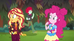 Size: 1920x1080 | Tagged: safe, derpibooru import, screencap, oxford brush, pinkie pie, sunset shimmer, equestria girls, equestria girls series, sunset's backstage pass!, spoiler:eqg series (season 2), music festival outfit