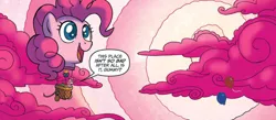 Size: 1262x549 | Tagged: safe, artist:tonyfleecs, derpibooru import, idw, gummy, pinkie pie, pony, spoiler:comic, spoiler:comic57, balloon, cloud, cropped, female, hot air balloon, mare, speech bubble, the discord zone