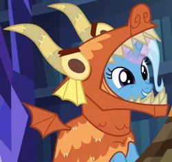 Size: 915x860 | Tagged: cropped, cute, derpibooru import, diatrixes, dragon costume, glowing horn, horn, safe, screencap, solo, trixie, uncommon bond