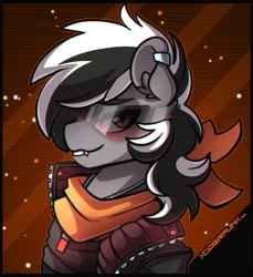 Size: 1024x1119 | Tagged: safe, artist:ciderpunk, derpibooru import, oc, oc:stormdancer, bat pony, vampire, vampony, bandana, clothes, ear piercing, earring, glasses, jacket, jewelry, male, neon, piercing, red eyes, stallion