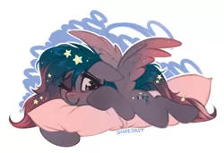Size: 3000x2046 | Tagged: safe, artist:share dast, derpibooru import, oc, oc:star universe, unofficial characters only, pegasus, pony, bed mane, body pillow, cute, ethereal mane, ethereal wings, female, mare, pillow, solo, spread wings, tired, waking up, wings