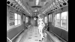 Size: 1334x750 | Tagged: safe, derpibooru import, edit, editor:topsangtheman, bon bon, sweetie drops, equestria girls, black and white, equestria girls in real life, grayscale, irl, looking at you, monochrome, new york city, new york city subway, photo, photoshop, train