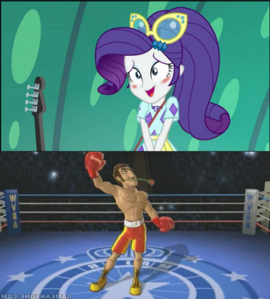 Size: 386x428 | Tagged: safe, artist:alliepeachfan, artist:starman1999, derpibooru import, rarity, human, equestria girls, equestria girls series, spring breakdown, spoiler:eqg series (season 2), barely eqg related, blushing, crossover, don flamenco, geode of shielding, magical geodes, nintendo, punch out