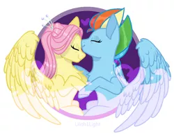 Size: 848x664 | Tagged: safe, artist:lilith1light, derpibooru import, fluttershy, rainbow dash, pegasus, pony, the last problem, abstract background, chest fluff, eyes closed, female, flutterdash, forehead kiss, heart, kissing, lesbian, mare, older, older fluttershy, older rainbow dash, shipping, smiling, spread wings, wings
