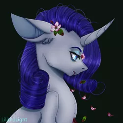 Size: 1000x1000 | Tagged: safe, artist:lilith1light, derpibooru import, rarity, pony, unicorn, blood, curved horn, dark, ear fluff, female, floppy ears, flower, flower in hair, frown, green background, horn, lidded eyes, mare, petals, profile, simple background, solo
