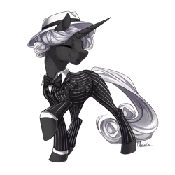 Size: 894x894 | Tagged: safe, artist:moenkin, derpibooru import, oc, oc:aerye, unofficial characters only, pony, unicorn, black and white, clothes, female, grayscale, hat, horn, mare, monochrome, pinstripes, solo, suit, unicorn oc