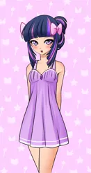 Size: 1382x2640 | Tagged: anime, artist:racoonsan, bedroom eyes, blushing, bow, cute, derpibooru import, evening gown, hair bow, hands behind back, human, humanized, looking at you, open mouth, safe, solo, source needed, twiabetes, twilight sparkle, useless source url