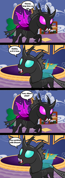 Size: 2006x5435 | Tagged: artist:kayman13, artist:nimaru, bedroom, canterlot, changeling, comic, dahlia (changeling), derpibooru import, female, male, purple changeling, resident evil 4, safe, speech bubble, thorax