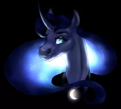 Size: 986x883 | Tagged: safe, artist:elenanava19, artist:eperyton, derpibooru import, princess luna, pony, black background, bust, curved horn, ethereal mane, female, glowing mane, hoers, horn, lidded eyes, looking at you, mare, missing accessory, peytral, realistic anatomy, simple background, solo, starry mane