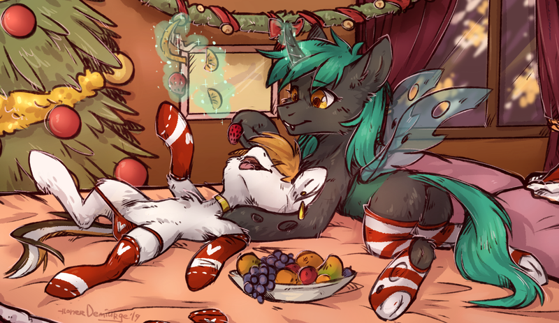 Size: 1657x960 | Tagged: suggestive, artist:lonerdemiurge_nail, derpibooru import, oc, oc:04, unofficial characters only, changeling, pony, changeling oc, christmas, christmas tree, clothes, female, food, grapes, green changeling, heart, heart print underwear, holiday, magic, mango, mare, panties, red underwear, socks, stockings, strawberry, striped socks, thigh highs, tree, underwear