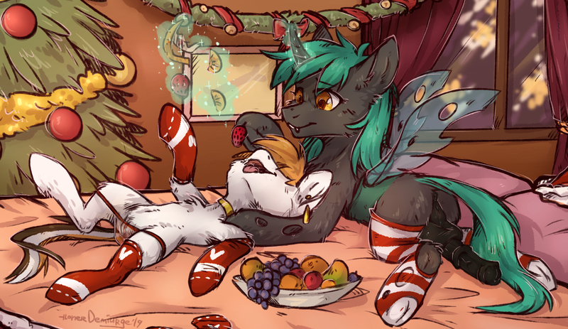 Size: 1657x960 | Tagged: explicit, alternate version, artist:lonerdemiurge_nail, derpibooru import, oc, oc:04, unofficial characters only, changeling, pony, changeling oc, christmas, christmas tree, clothes, female, food, futa, grapes, green changeling, herm, holiday, horsecock, intersex, magic, mango, mare, nudity, panties, penis, socks, stockings, strawberry, striped socks, thigh highs, tree, underwear, vulva