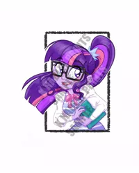 Size: 800x1000 | Tagged: safe, artist:katrina hadley, artist:lunchie, derpibooru import, sci-twi, twilight sparkle, equestria girls, big honkin' watermark in the middle of everything, book, obtrusive watermark, official fan art, paywall content, solo, watermark