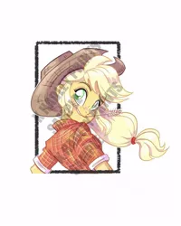 Size: 800x1000 | Tagged: safe, artist:katrina hadley, artist:lunchie, derpibooru import, applejack, equestria girls, big honkin' watermark in the middle of everything, cowboy hat, hat, looking at you, looking back, looking back at you, obtrusive watermark, official fan art, solo, watermark