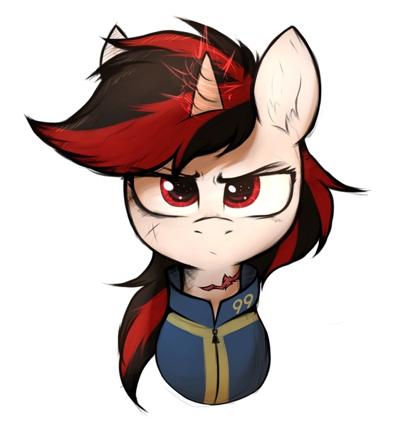 Size: 1987x2160 | Tagged: safe, artist:tatykin, derpibooru import, oc, oc:blackjack, unofficial characters only, pony, unicorn, fallout equestria, fallout equestria: project horizons, fanfic, clothes, fanfic art, female, horn, looking at you, magic, magic aura, mare, scar, shooty look, simple background, solo, two toned mane, vault security armor, vault suit, white background