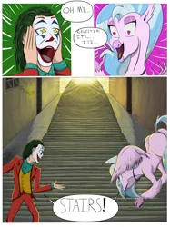 Size: 1280x1714 | Tagged: arthur fleck, artist:mixdaponies, batman logo, butt, comic, derpibooru import, graffiti, happy, heart eyes, hippogriff, joker (2019), oh my celestia, open mouth, safe, silverstream, smiling, society, speech bubble, stairs, stairs are awesome, starry eyes, sunlight, that hippogriff sure does love stairs, the joker, why so serious?, wingding eyes