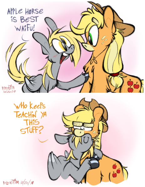 Size: 1016x1318 | Tagged: safe, artist:powerjam, derpibooru import, applejack, derpy hooves, earth pony, pegasus, pony, cute, derpabetes, derpyjack, female, fluffy, hug, lesbian, mare, neck nuzzle, nuzzling, poking, shipping, thick eyebrows, waifu