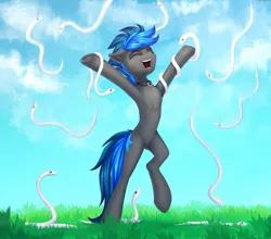 Size: 1225x1080 | Tagged: safe, artist:setharu, derpibooru import, oc, oc:vibrant star, unofficial characters only, earth pony, pony, snake, armpits, collar, grass, happy, male, stallion