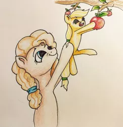 Size: 1024x1055 | Tagged: safe, artist:sv37, derpibooru import, applejack, pear butter, earth pony, pony, apple, female, filly, filly applejack, food, holding a pony, mother and child, mother and daughter, traditional art, younger