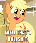 Size: 640x768 | Tagged: applejack, bullshit, caption, cropped, derpibooru import, edit, edited screencap, going to seed, hay bale, image macro, meme, safe, screencap, solo, text, vulgar