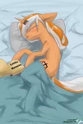 Size: 2400x3600 | Tagged: safe, artist:dragonmo's pet, derpibooru import, oc, oc:accurate balance, unofficial characters only, unicorn, bed, book, chinese text, english, eyes closed, female, horn, horn ring, on bed, open book, pillow, quilt, ring, salivating, signed, sleeping, solo