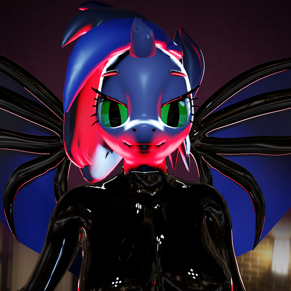 Size: 2000x2000 | Tagged: suggestive, artist:kurotheneko, derpibooru import, oc, oc:kuro, anthro, bat pony, 3d, bat pony oc, bat wings, breasts, latex, latex suit, looking at you, wings