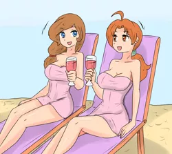 Size: 1547x1379 | Tagged: adorasexy, artist:ciriliko, beach, beach chair, breasts, busty cream heart, cleavage, commission, crossover, cute, delia ketchum, dem thighs, derpibooru import, drink, ear piercing, earring, female, females only, human, human coloration, humanized, jewelry, milf, mother, naked towel, oc, oc:cream heart, piercing, pokémon, ponytail, sand, sexy, side ponytail, sitting, stupid sexy cream heart, suggestive, toasting, towel, wineglass