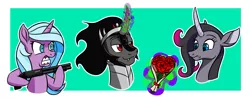 Size: 1491x591 | Tagged: semi-grimdark, artist:redahfuhrerking, derpibooru import, idw, king sombra, oleander (tfh), radiant hope, umbrum, unicorn, them's fightin' herds, angry, bouquet, community related, crossover, crossover shipping, female, flirting, flower, gun, implied shipping, inconvenient king sombra, male, mare, rose, shipping, shotgun, stallion, this will not end well, weapon