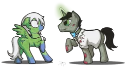 Size: 752x417 | Tagged: safe, artist:ravenpuff, deleted from derpibooru, derpibooru import, oc, oc:lucifer, oc:rowena, unofficial characters only, pegasus, pony, unicorn, blood, clothes, duo, face mask, female, glowing horn, grin, horn, lab coat, male, mare, open mouth, pegasus oc, raised hoof, scared, signature, simple background, smiling, socks (coat marking), stallion, traditional art, transparent background, unicorn oc, wings