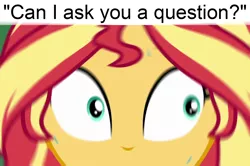 Size: 1280x848 | Tagged: safe, derpibooru import, edit, edited screencap, editor:shyinka, screencap, sunset shimmer, equestria girls, equestria girls series, sunset's backstage pass!, spoiler:eqg series (season 2), anxiety, caption, exploitable meme, insecure, meme, question, reaction image, relatable, solo, uncomfortable