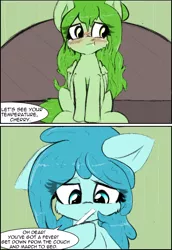 Size: 648x941 | Tagged: artist:freefraq, comic:story cherry shenigans, derpibooru import, goo, goo pony, oc, oc:cherry slime, oc:shiny slime, original species, safe, sick, thermometer