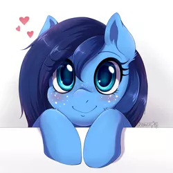 Size: 2000x2000 | Tagged: safe, artist:evomanaphy, derpibooru import, oc, oc:stardust, unofficial characters only, pony, blushing, cute, diabetes intensifies, floating heart, freckles, heart, hooves on the table, looking at you, ocbetes, peeking, redraw, smiling, smiling at you, solo