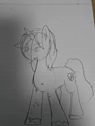 Size: 1080x1440 | Tagged: safe, artist:omegapony16, derpibooru import, oc, oc:oriponi, unofficial characters only, pony, unicorn, grin, horn, lineart, lined paper, smiling, solo, traditional art, unicorn oc, unshorn fetlocks