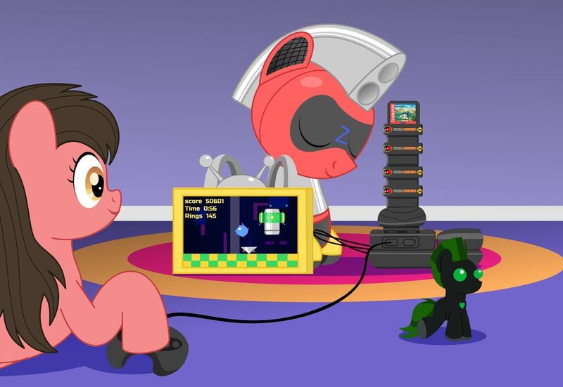 Size: 1280x882 | Tagged: safe, artist:trackheadtherobopony, derpibooru import, oc, oc:ace play, oc:cutie e, oc:cyrax, oc:trackhead, earth pony, pegasus, pony, robot, robot pony, console, image, jpeg, plushie, rule 63, sega genesis, sleeping, sonic 3 & knuckles, sonic the hedgehog, sonic the hedgehog (series), video game