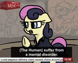 Size: 433x348 | Tagged: safe, artist:plunger, derpibooru import, bon bon, sweetie drops, ponified, earth pony, pony, /mlp/, 4chan, drawthread, grammar error, implied derpy hooves, memri tv, news anchor, solo, subtitles, text