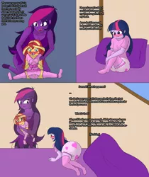 Size: 4500x5347 | Tagged: suggestive, artist:diaperednight, derpibooru import, sci-twi, sunset shimmer, twilight sparkle, comic:midnight's pet, equestria girls, age regression, baby clothes, blushing, booties, breasts, clothes, comic, crossed arms, cyoa, dialogue, diaper, diaper fetish, embarrassed, female, females only, femsub, fetish, good girl, midnight sparkle, mittens, onesie, onomatopoeia, pacifier, sissy, snap, socks, submissive