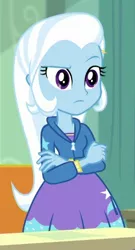 Size: 267x493 | Tagged: safe, derpibooru import, screencap, trixie, a little birdie told me, equestria girls, equestria girls series, arms folded, cropped, solo