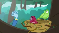 Size: 1280x720 | Tagged: safe, derpibooru import, screencap, trixie, bird, a little birdie told me, equestria girls, equestria girls series, bird nest, hand, nest, solo, tree, tree branch