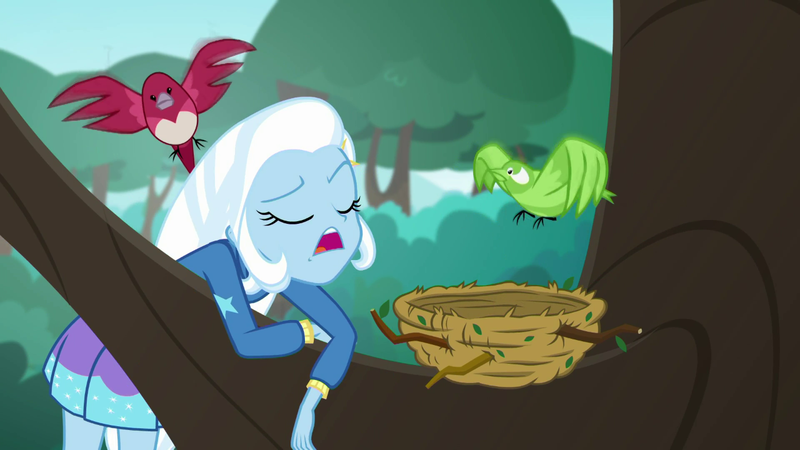 Size: 1280x720 | Tagged: safe, derpibooru import, screencap, trixie, bird, a little birdie told me, equestria girls, equestria girls series, bird nest, nest, solo, tree, tree branch