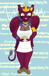 Size: 2000x3071 | Tagged: anthro, apron, artist:sixes&sevens, blue background, breasts, bruno mars, busty sphinx (character), cleavage, clothes, derpibooru import, earpiece, electrocardiogram, erect nipples, female, femsub, food, grin, high heels, housewife, hypnogear, hypnosis, jewelry, lyrics, music, naked apron, necklace, nipple outline, pearl necklace, pie, plantigrade anthro, shoes, simple background, smiling, solo, song reference, sphinx, sphinx (character), stepford wife, submissive, suggestive, swirly eyes, text, tomboy taming, warrant