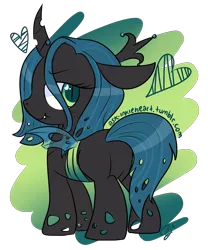 Size: 1497x1801 | Tagged: safe, artist:inkie-heart, derpibooru import, queen chrysalis, changeling, changeling queen, bugbutt, butt, cute, cutealis, fangs, female, floating heart, heart, heart eyes, looking at you, looking back, looking back at you, obtrusive watermark, plot, rear view, signature, simple background, solo, transparent background, watermark, wingding eyes