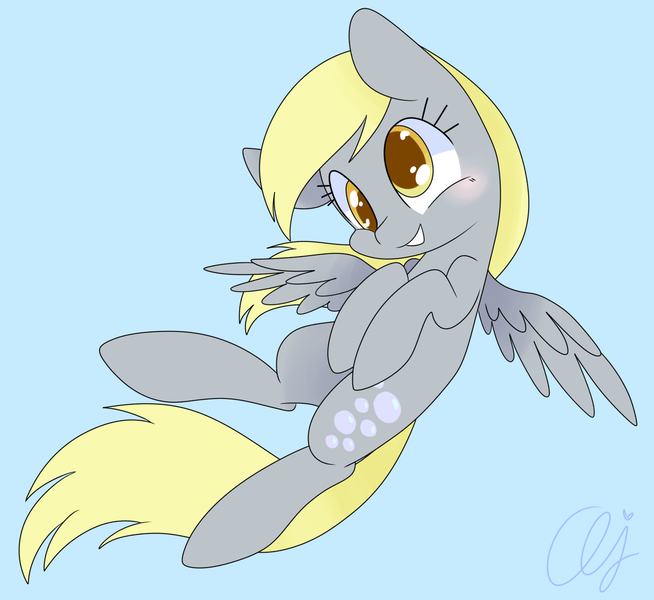 Size: 1340x1230 | Tagged: safe, artist:inkie-heart, derpibooru import, derpy hooves, pegasus, pony, blue background, blushing, cute, derpabetes, female, flying, mare, obtrusive watermark, signature, simple background, smiling, solo, spread wings, watermark, wings