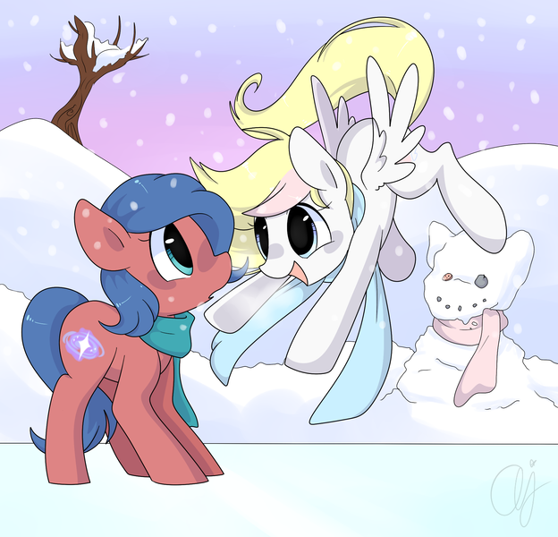 Size: 2000x1924 | Tagged: safe, artist:inkie-heart, derpibooru import, oc, oc:inkie heart, unofficial characters only, pegasus, pony, clothes, duo, female, flying, mare, obtrusive watermark, scarf, signature, sky, snow, snowfall, snowmare, spread wings, tree, watermark, wings, winter