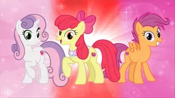 Size: 5360x3008 | Tagged: safe, artist:andoanimalia, derpibooru import, apple bloom, scootaloo, sweetie belle, earth pony, pegasus, pony, unicorn, growing up is hard to do, cutie mark, cutie mark crusaders, goldie delicious' scarf, looking at you, older, older apple bloom, older cmc, older scootaloo, older sweetie belle, the cmc's cutie marks, wallpaper